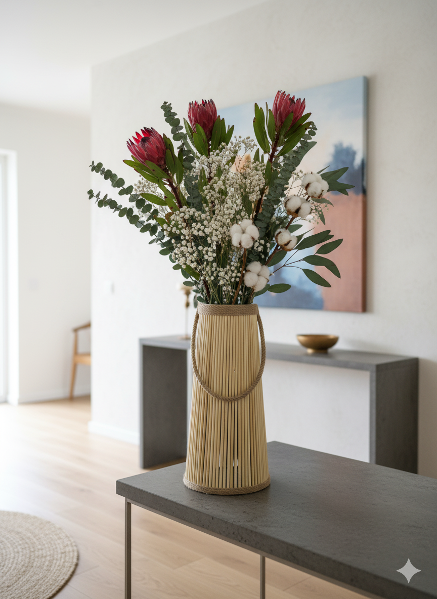 Halatlı Koni Ahşap Pampars Vazo 2’li Set