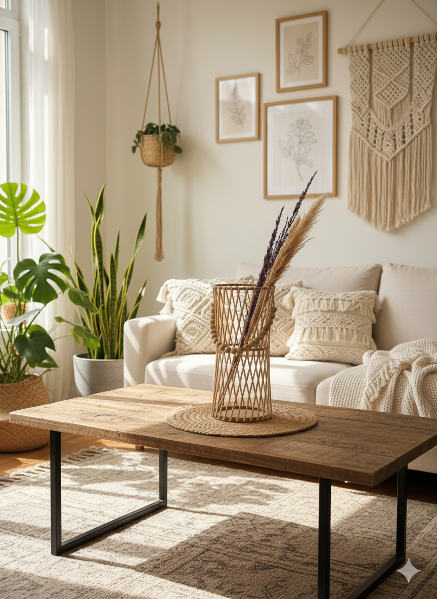 Bambu Çubuklu Ahşap Boncuklu Pampas Vazo
