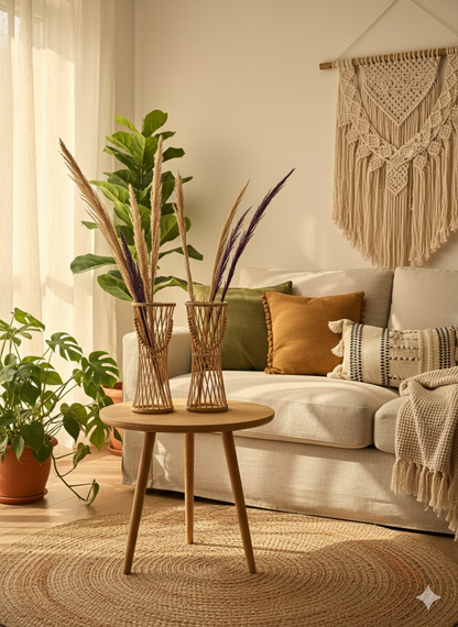 Bambu Çubuklu Ahşap Boncuklu Pampas Vazo