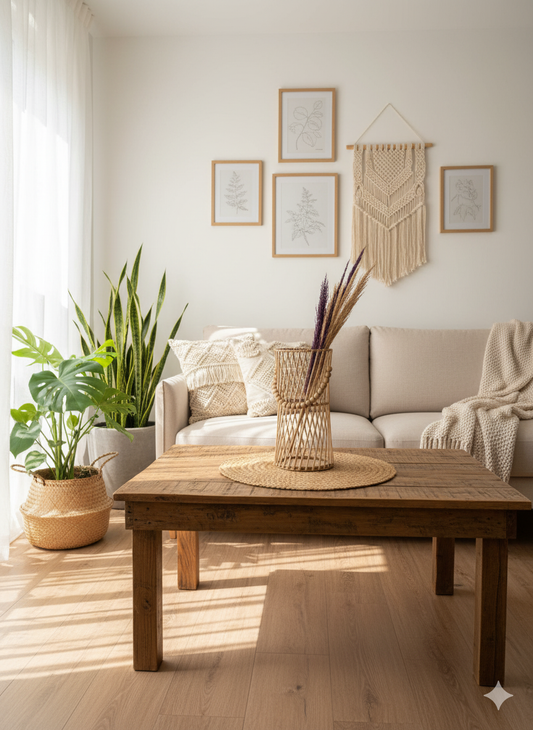 Bambu Çubuklu Ahşap Boncuklu Pampas Vazo