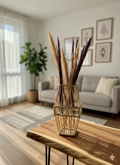 Bambu Çubuk El Yapımı Küp Motifli Doğal Vazo / Ahşap Pampas Vazo