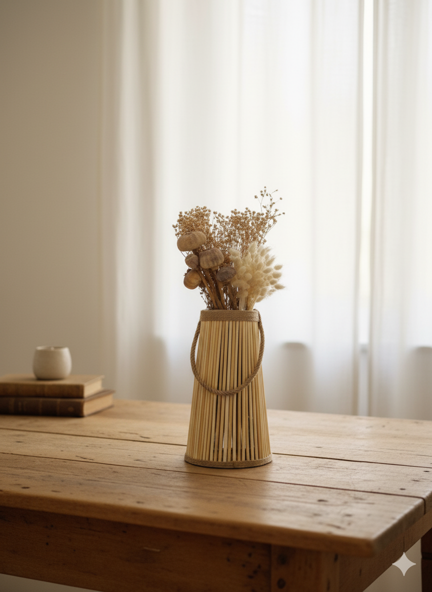 Halatlı Koni Ahşap Pampars Vazo 2’li Set