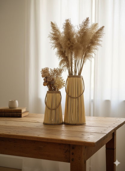 Halatlı Koni Ahşap Pampars Vazo 2’li Set