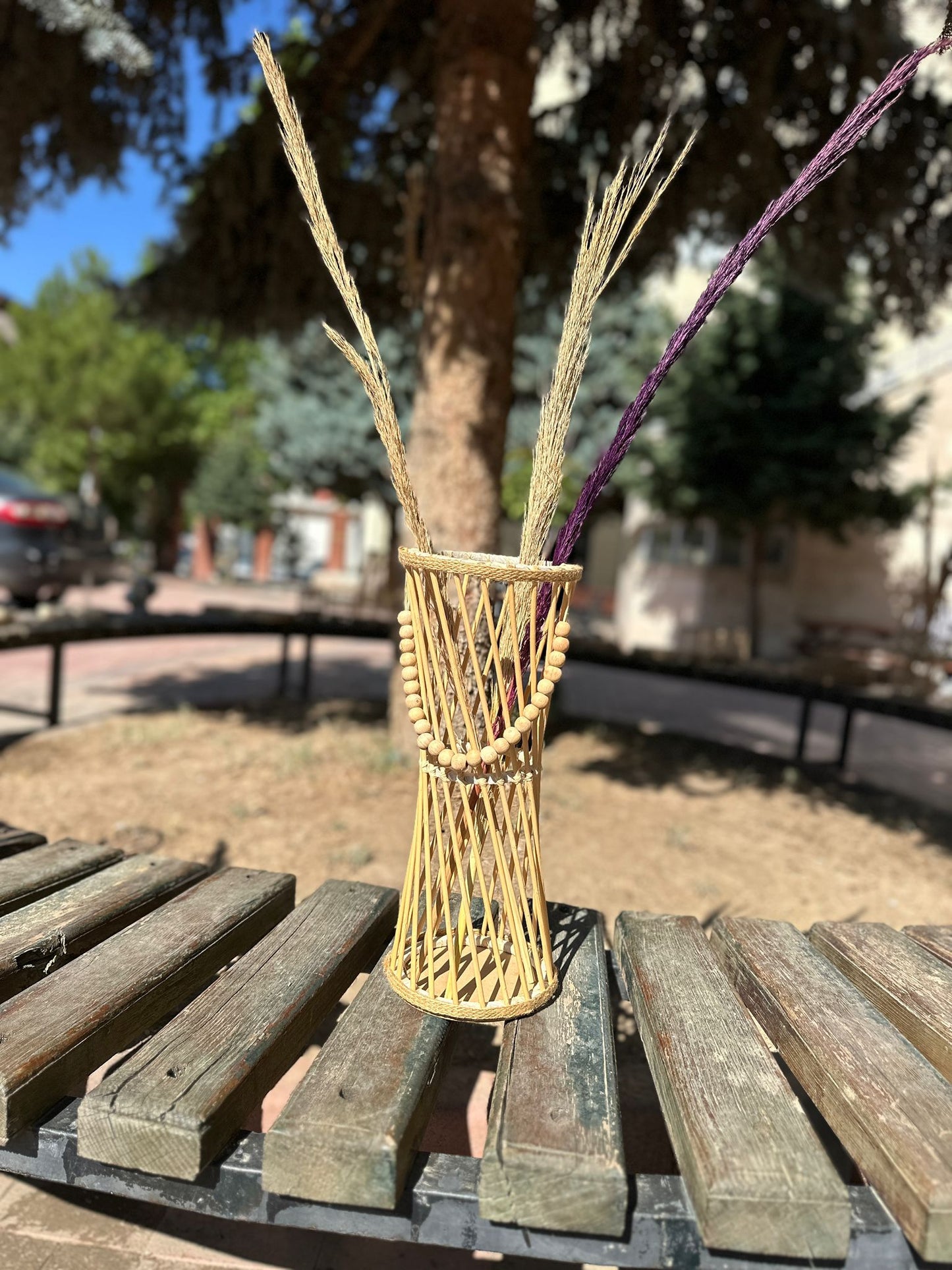 Bambu Çubuklu Ahşap Boncuklu Pampas Vazo