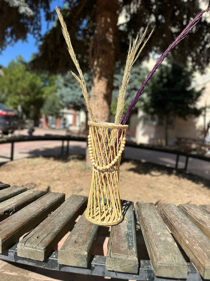 Bambu Çubuklu Ahşap Boncuklu Pampas Vazo