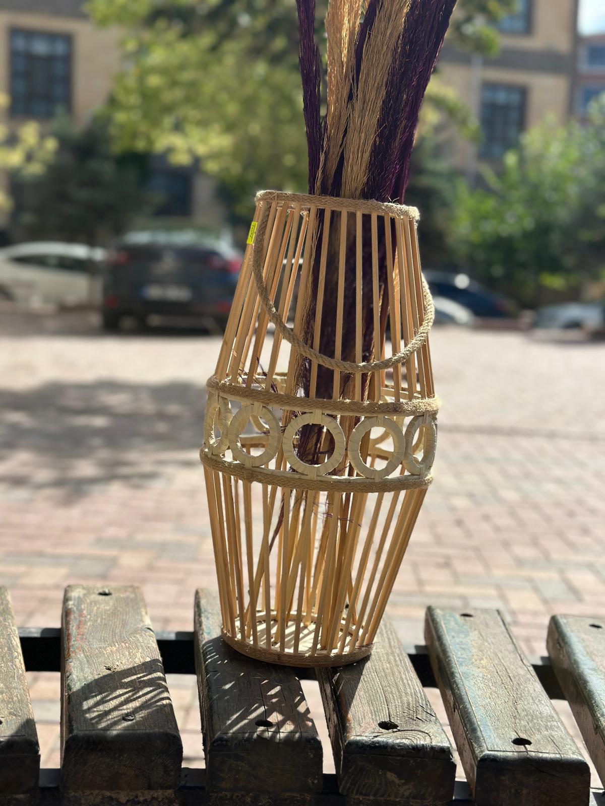 Halatlı Silindir Ahşap Pampas Vazo