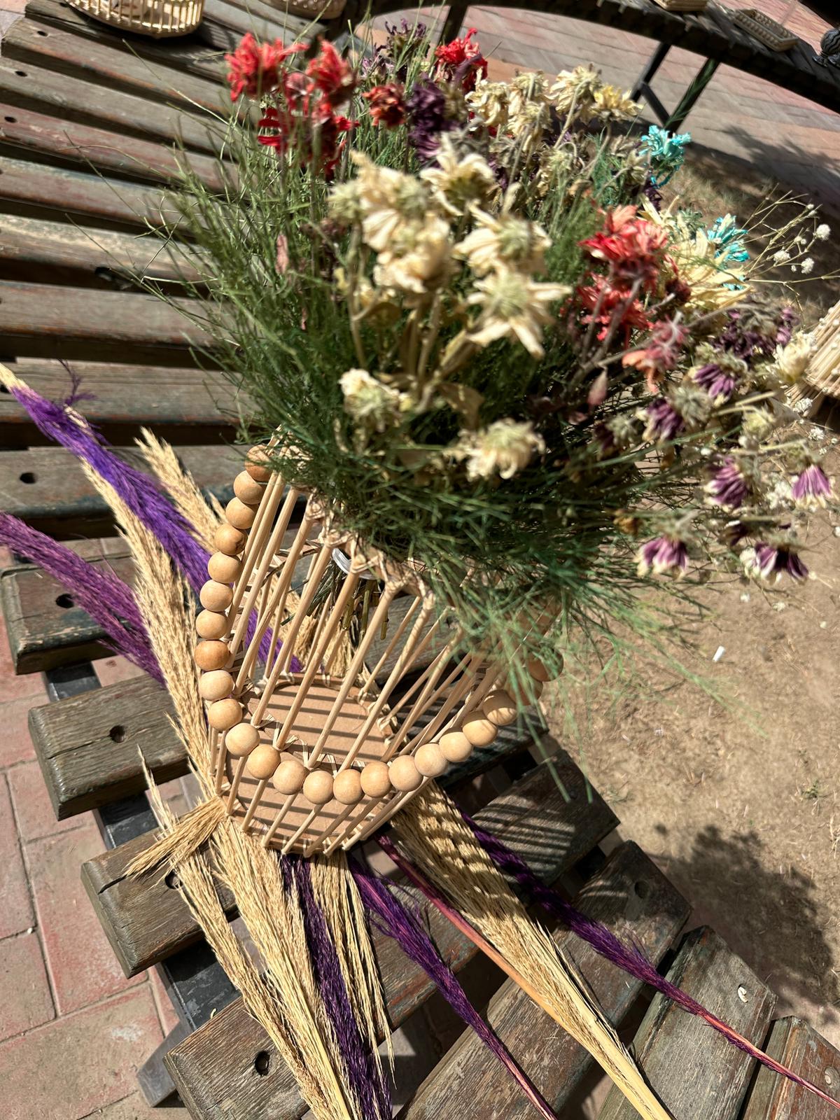Bambu Çubuklu Ahşap Boncuklu Pampas Vazo